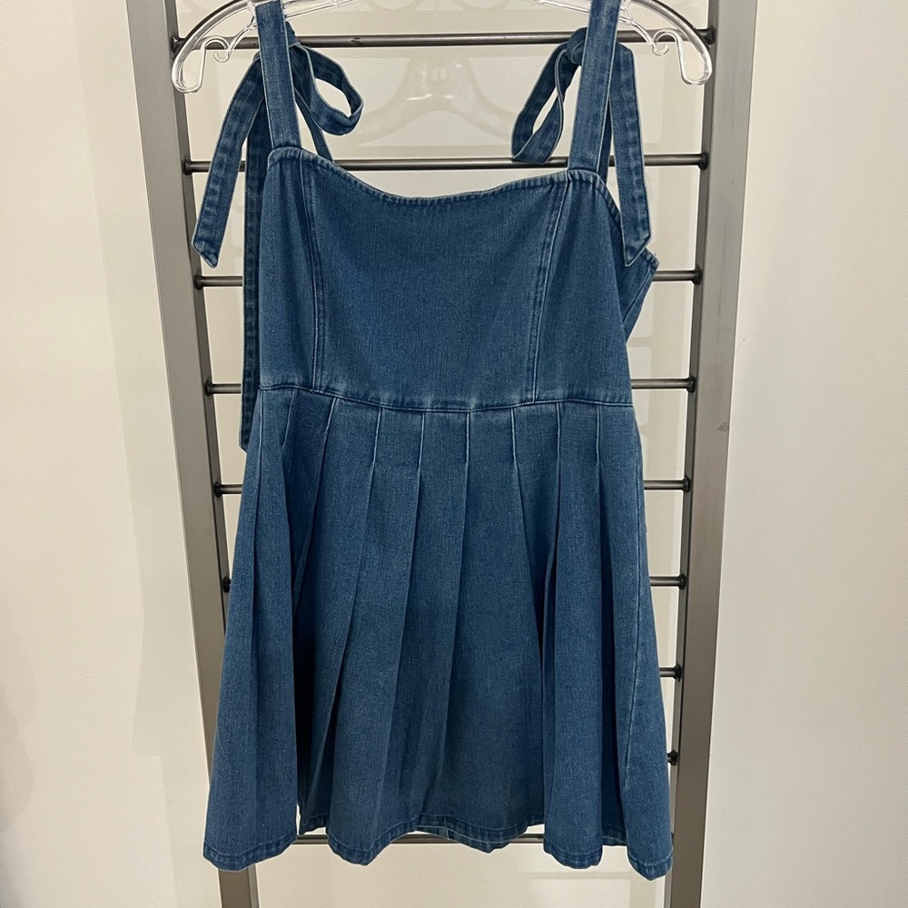 Day + Moon pleated tie shoulder denim dress.